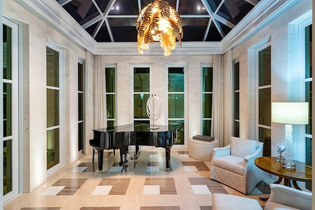 misc room featuring coffered ceiling, a notable chandelier, crown molding, and beam ceiling