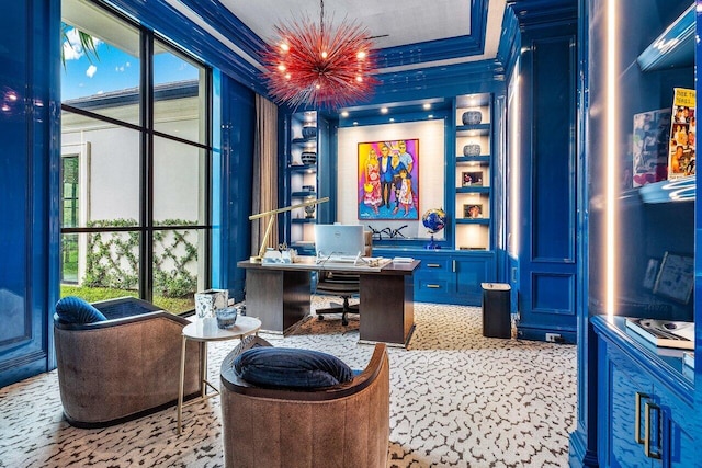 office featuring crown molding, plenty of natural light, built in features, and an inviting chandelier