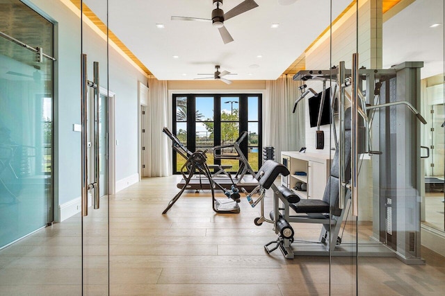 16071 Quiet Vista Cir, Delray Beach, FL 33446 - workout area featuring wood finished floors, ceiling fan, baseboards, and recessed lighting