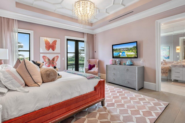 bedroom with multiple windows, access to exterior, and coffered ceiling