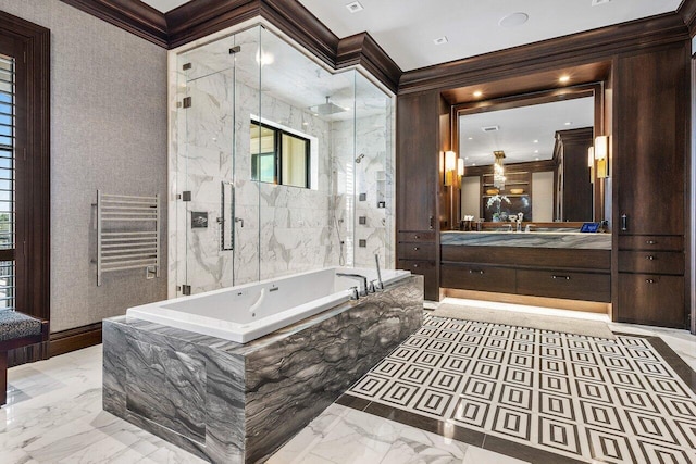 bathroom with independent shower and bath, crown molding, and vanity