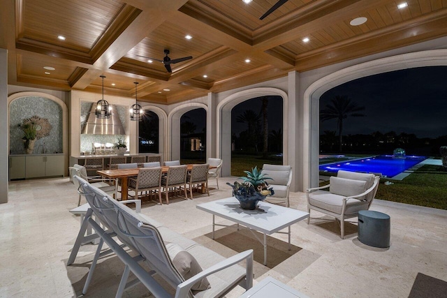 view of patio featuring a pool, an outdoor hangout area, and ceiling fan