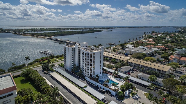 aerial view featuring a water view