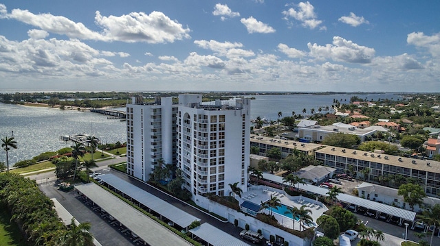 drone / aerial view featuring a water view