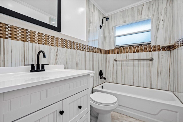 full bathroom featuring  shower combination, vanity, toilet, and ornamental molding