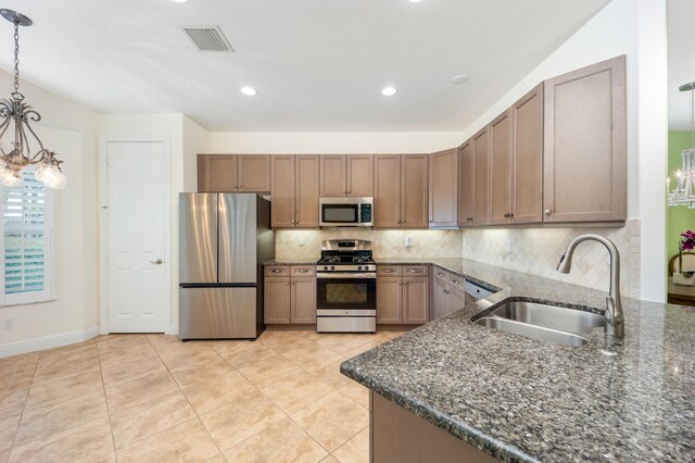 kitchen featuring backsplash, dark stone counters, sink, decorative light fixtures, and stainless steel appliances