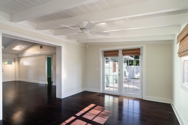 unfurnished room with dark hardwood / wood-style floors, ceiling fan, lofted ceiling with beams, and french doors