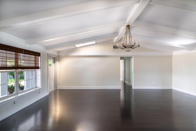 spare room with lofted ceiling with beams and dark hardwood / wood-style floors