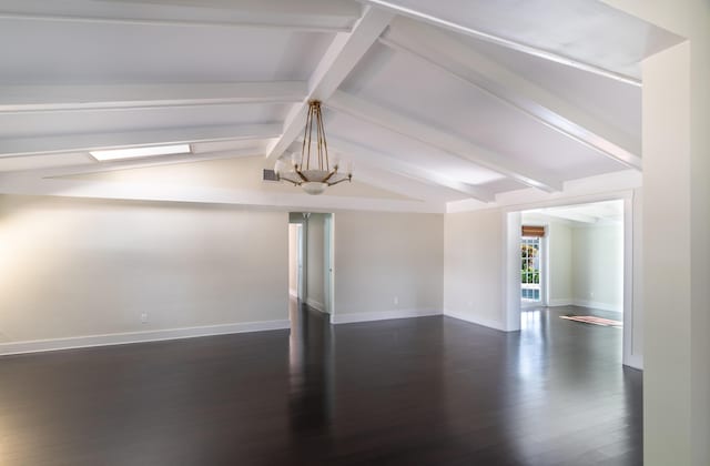 empty room featuring lofted ceiling with beams and dark wood-type flooring