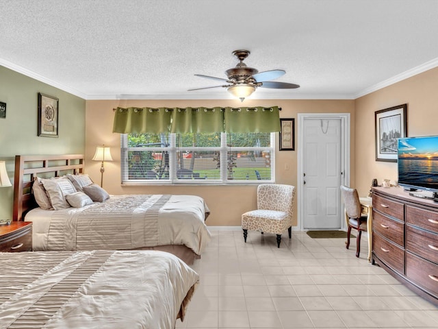 bedroom featuring a textured ceiling, ceiling fan, and crown molding