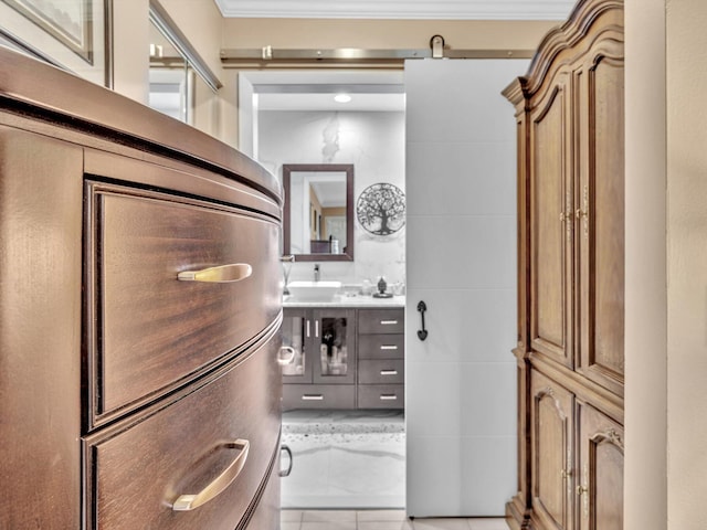 bathroom with crown molding and vanity