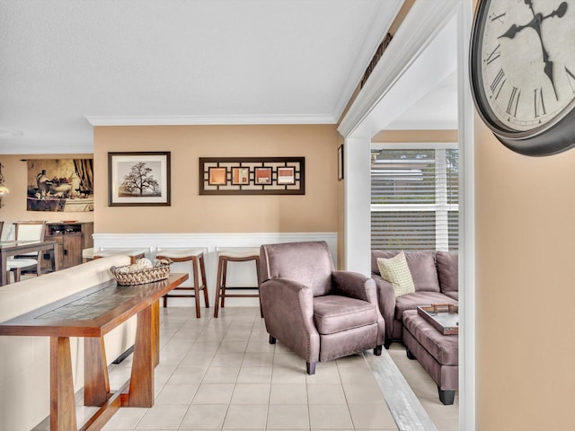 tiled living room with crown molding