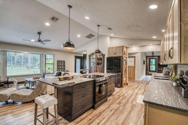 kitchen featuring hanging light fixtures, sink, light hardwood / wood-style flooring, vaulted ceiling, and appliances with stainless steel finishes