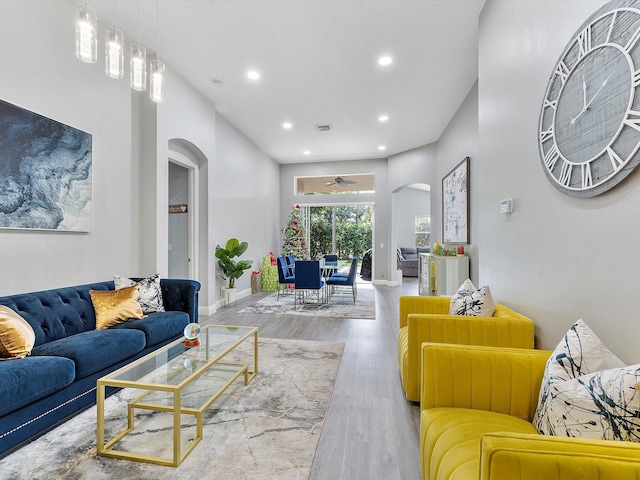 living room featuring ceiling fan and wood-type flooring