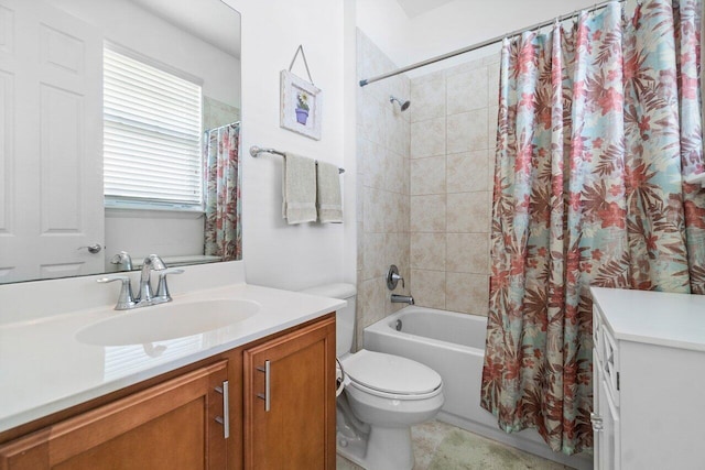 full bathroom with toilet, shower / bath combo with shower curtain, and vanity