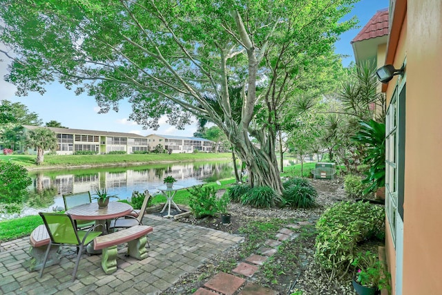 view of patio with a water view