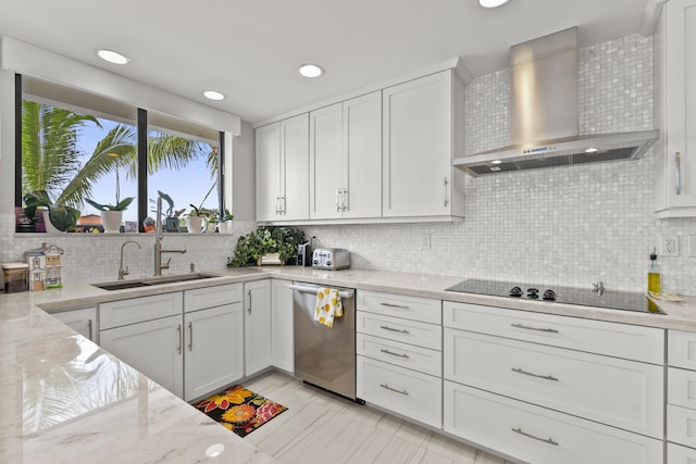 kitchen with sink, stainless steel dishwasher, white cabinets, and wall chimney exhaust hood