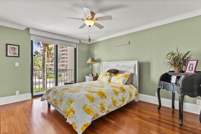 bedroom featuring ceiling fan, wood-type flooring, ornamental molding, and access to outside