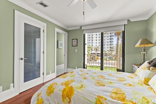 bedroom featuring ceiling fan, ornamental molding, dark hardwood / wood-style floors, and access to outside