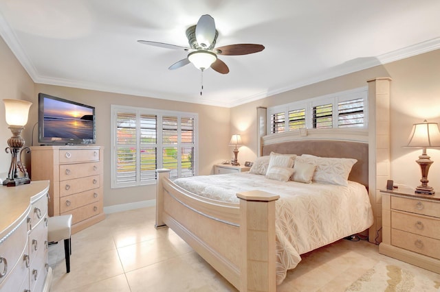 bedroom featuring multiple windows, ceiling fan, and ornamental molding