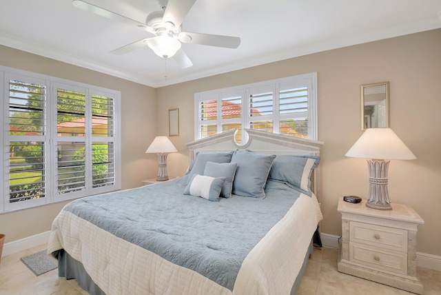 bedroom featuring ceiling fan, crown molding, and light tile patterned flooring