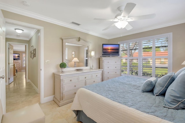 tiled bedroom featuring ceiling fan and crown molding