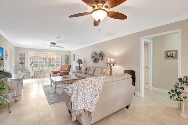 tiled living room featuring ceiling fan and ornamental molding