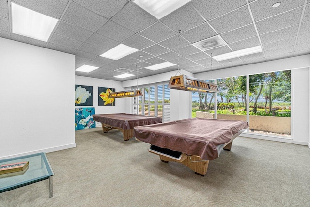 recreation room featuring pool table, a paneled ceiling, and carpet floors