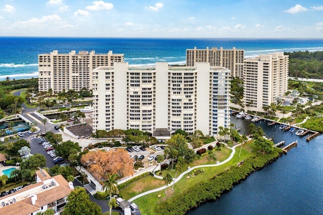 bird's eye view with a water view