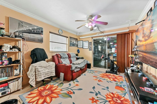 living room featuring ceiling fan and ornamental molding