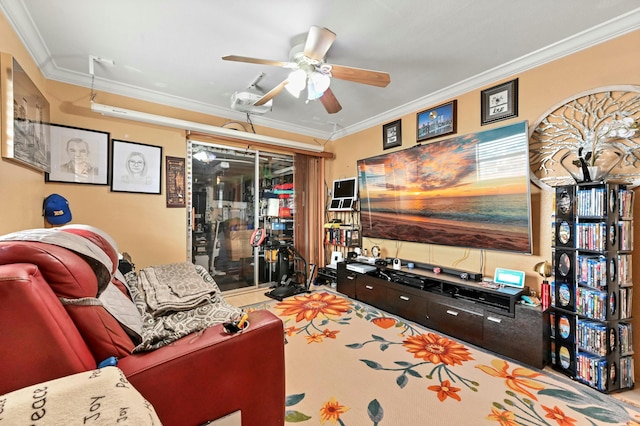 living room with crown molding and ceiling fan