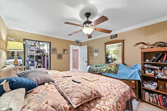 bedroom featuring ceiling fan and crown molding