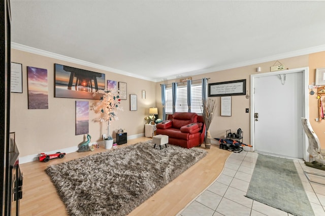 tiled living room featuring crown molding