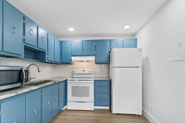 kitchen featuring white appliances, blue cabinetry, and electric panel