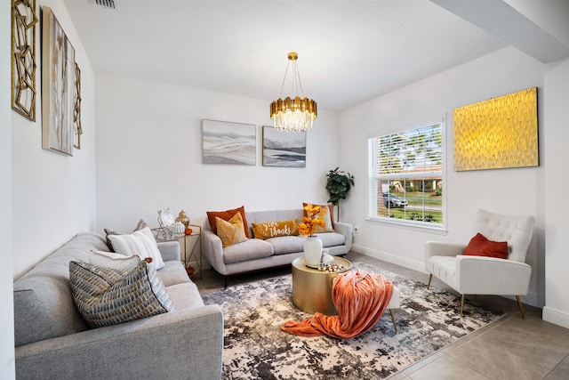 living room with a chandelier