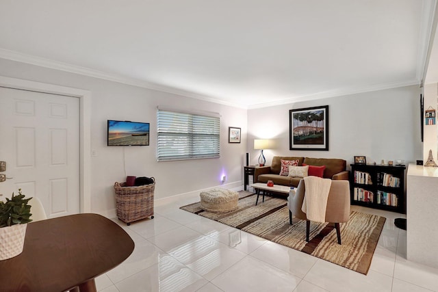 living room with light tile patterned floors and ornamental molding