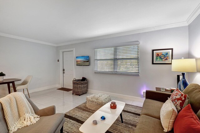 tiled living room featuring crown molding