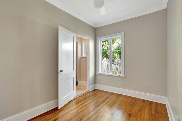 unfurnished room featuring light hardwood / wood-style floors, ceiling fan, and ornamental molding