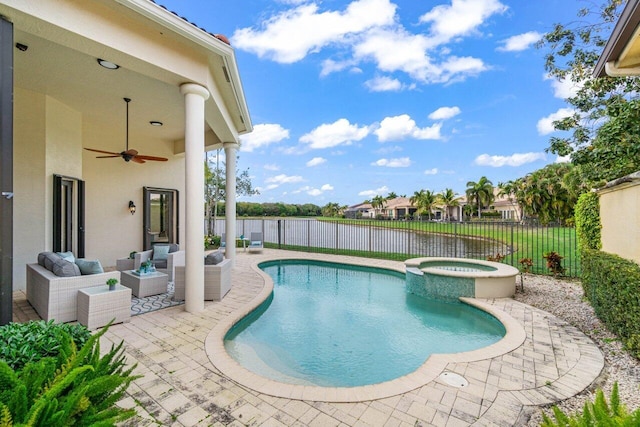 view of pool featuring ceiling fan, a fenced backyard, a patio area, a pool with connected hot tub, and outdoor lounge area