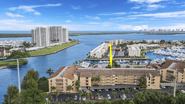 drone / aerial view featuring a water view