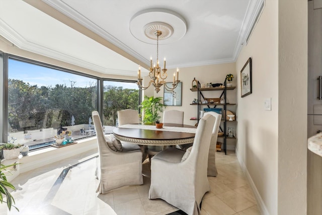 dining room with a chandelier, ornamental molding, and light tile patterned flooring