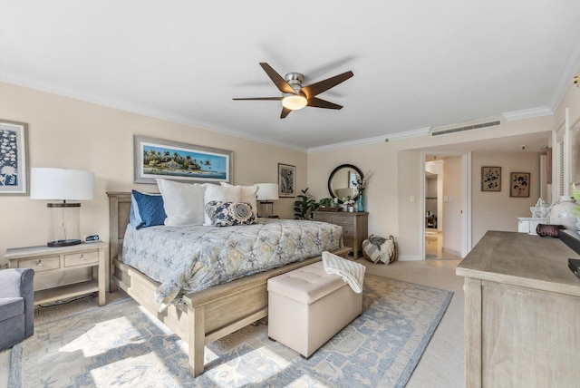 bedroom with ceiling fan and ornamental molding