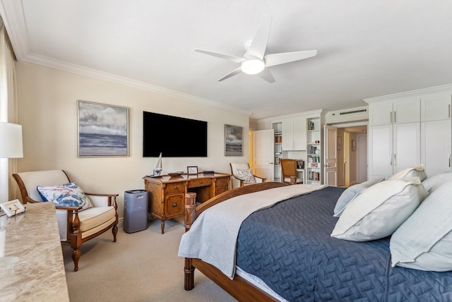 bedroom featuring ceiling fan, ornamental molding, and light carpet