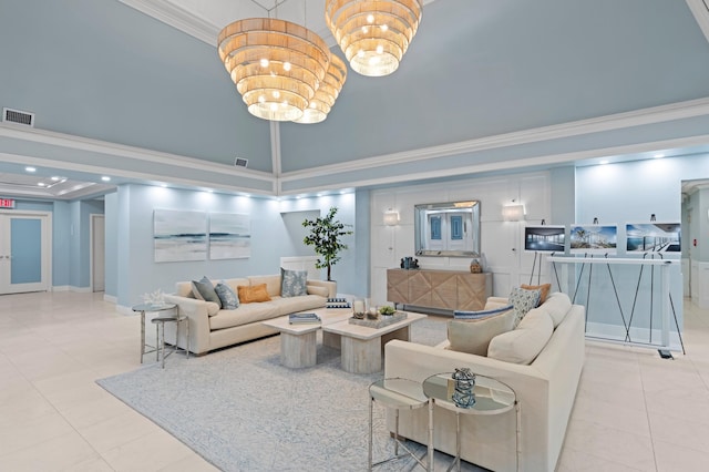 tiled living room featuring crown molding and an inviting chandelier