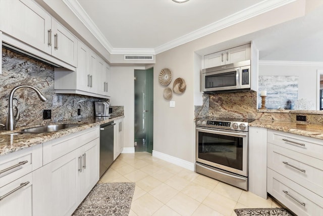 kitchen featuring white cabinets, sink, stainless steel appliances, and tasteful backsplash