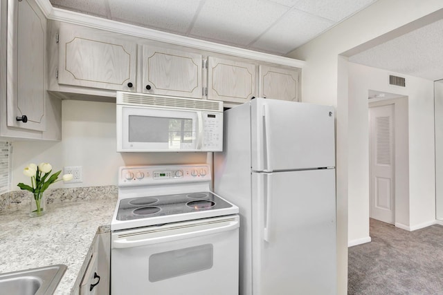 kitchen featuring sink, light colored carpet, and white appliances