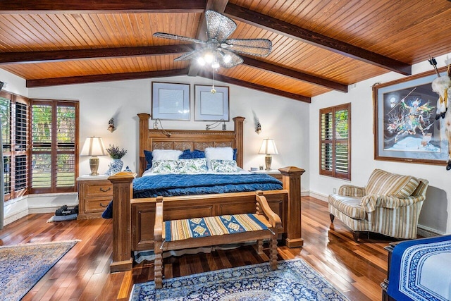 bedroom with wooden ceiling, ceiling fan, and lofted ceiling with beams