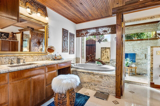 bathroom featuring vanity, wooden ceiling, tile patterned flooring, separate shower and tub, and ornamental molding