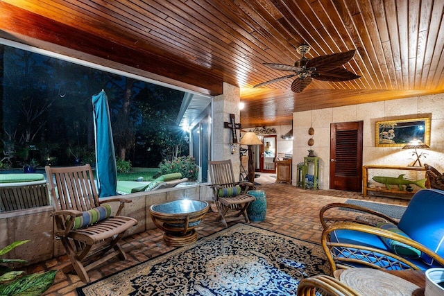 interior space with ceiling fan and wood ceiling