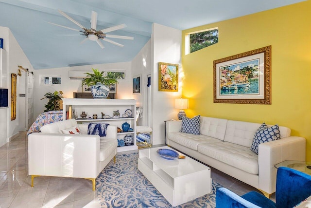 living room featuring vaulted ceiling with beams and ceiling fan